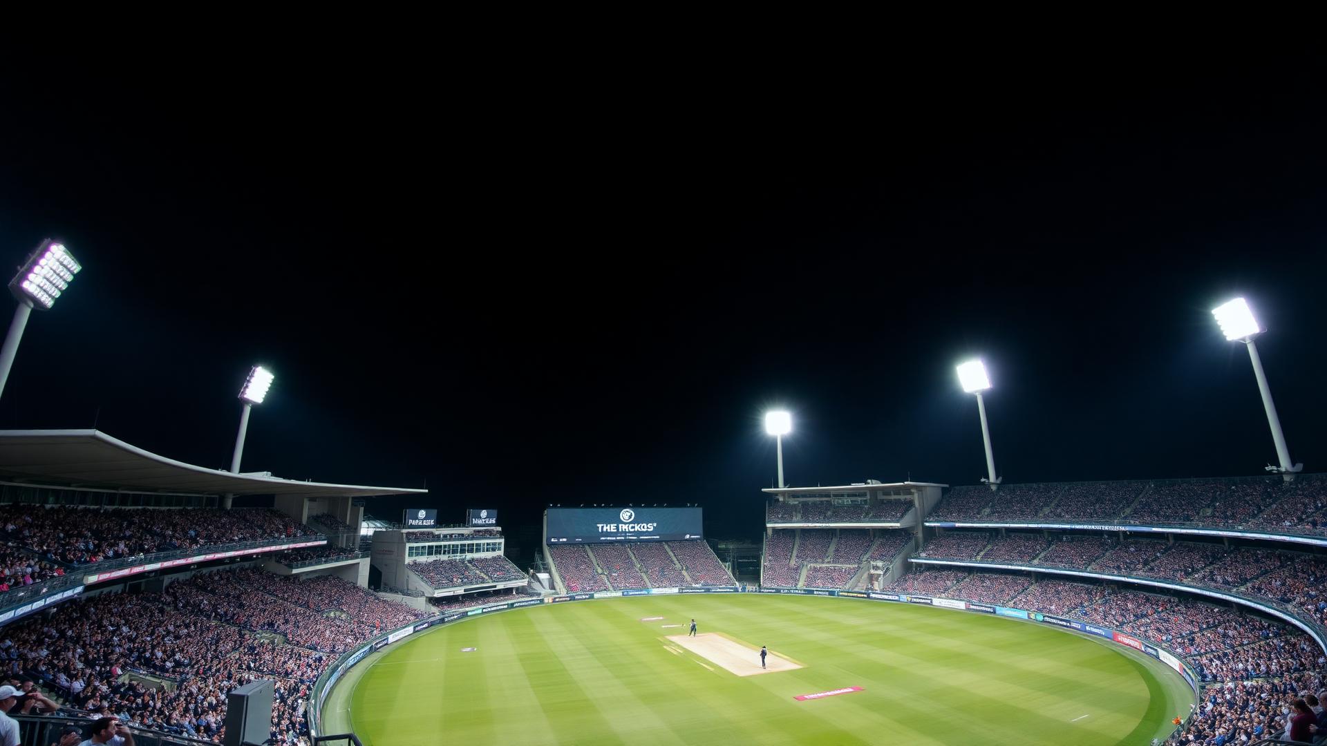 Floodlit cricket stadium filled with fans at night
